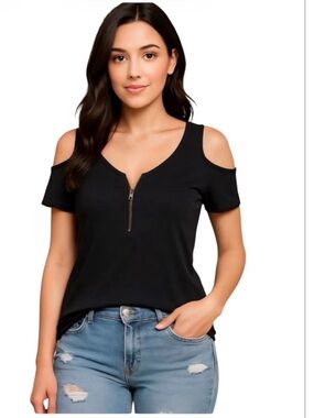 VENUS Black Cold Shoulder Zipper Front V-Neck Top 1X